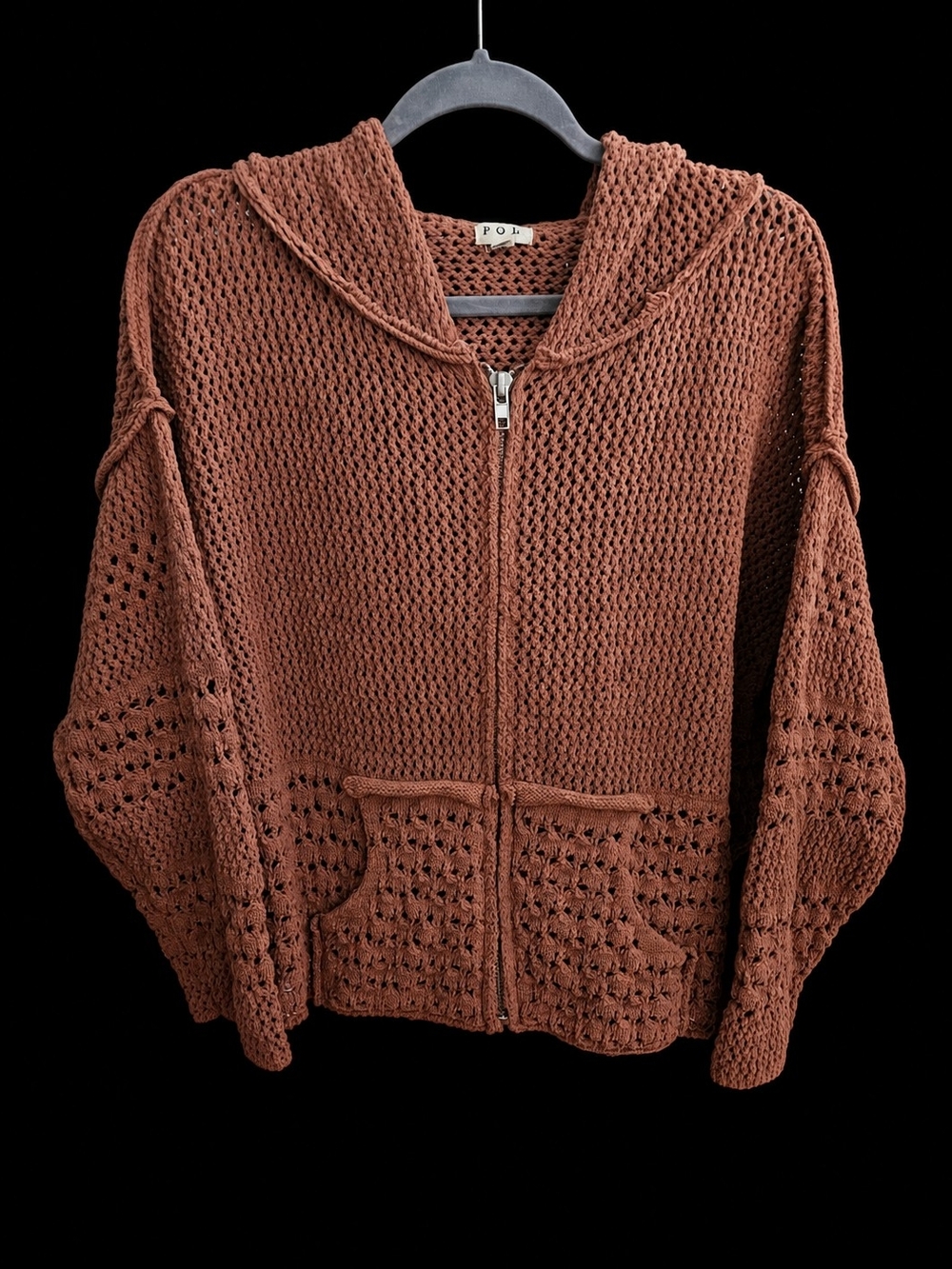 POL Open-Weave Zip Hoodie Sweater - Terracotta Brown